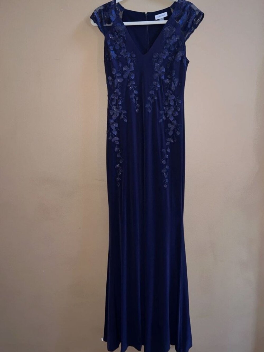 Calvin Klein Navy Blue Embroidered Floral Formal Gown Dress Size 2 Long Evening